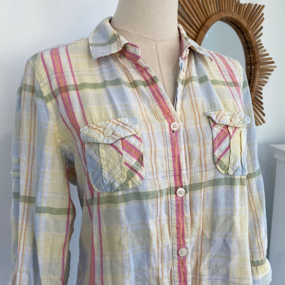 Vintage Y2K American Eagle Pastel Colorful Plaid Button Up Shirt Linen Blend M - Picture 2 of 13